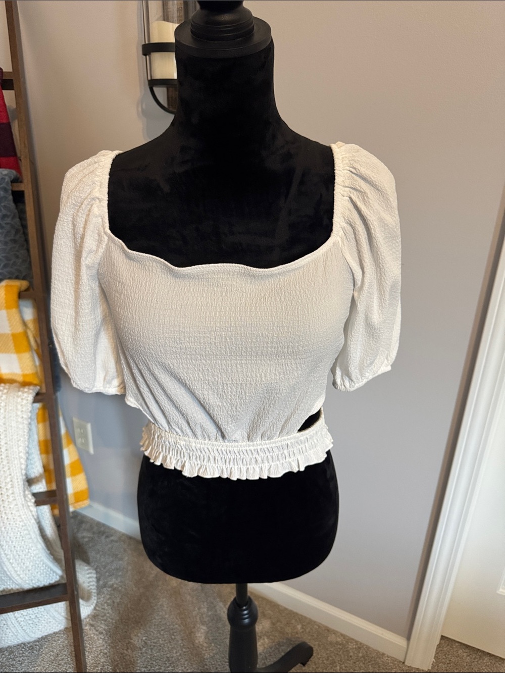 Smocked Waist White Puff-Sleeve Crop Top